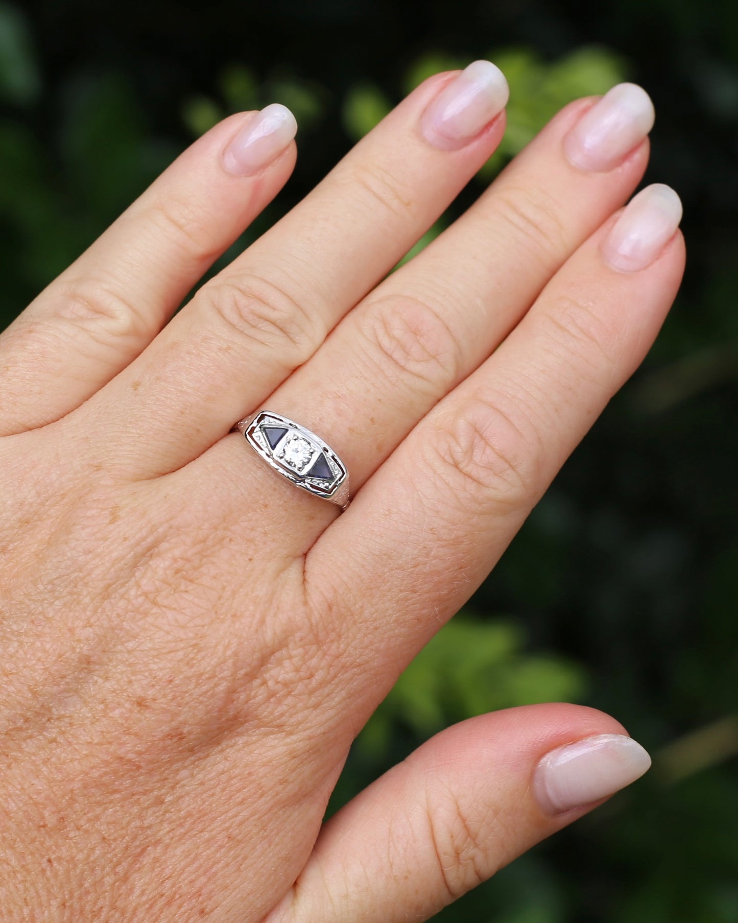 Art Deco Diamond and Sapphire Trilogy in Raised Handmade Engraved Floral Setting, 14ct White Gold, size U or 10 - offering free resize down to 7 or O, with valuation