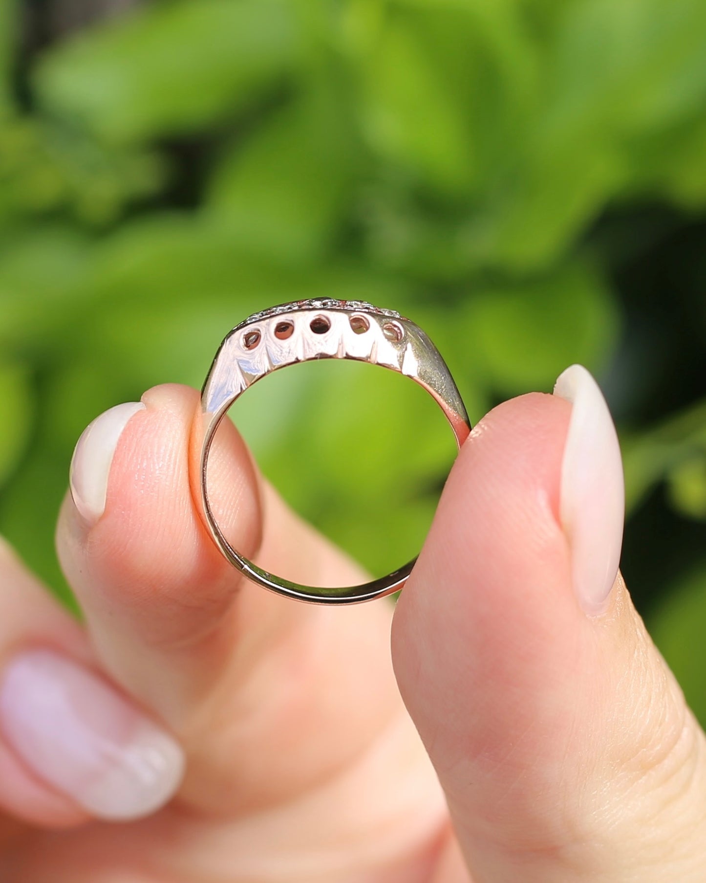 Vintique Rose Gold Boat Ring, 5 Early Brilliant Cut Diamonds, 9ct Rose Gold, size O1/2 or 7.25