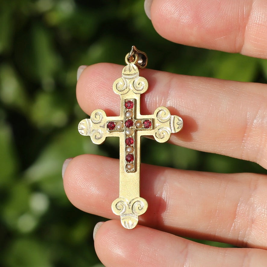 Antique 15ct Ruby and Pearl Crucifix by Australian Jeweller Willis and Sons, 15ct Gold