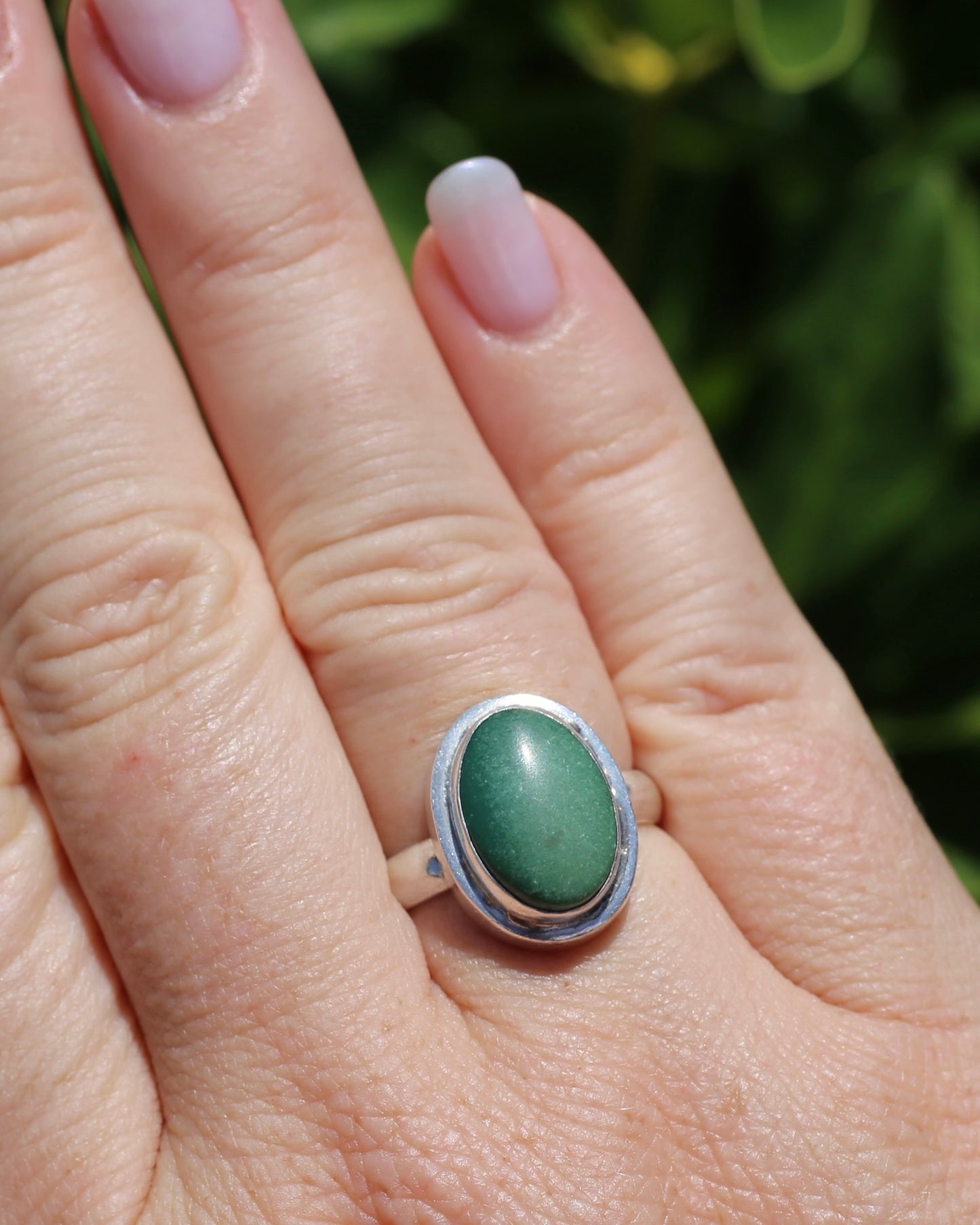 Natural Green Turquoise Bezel Set Ring, Sterling Silver, size P or 7.5, 6.0g