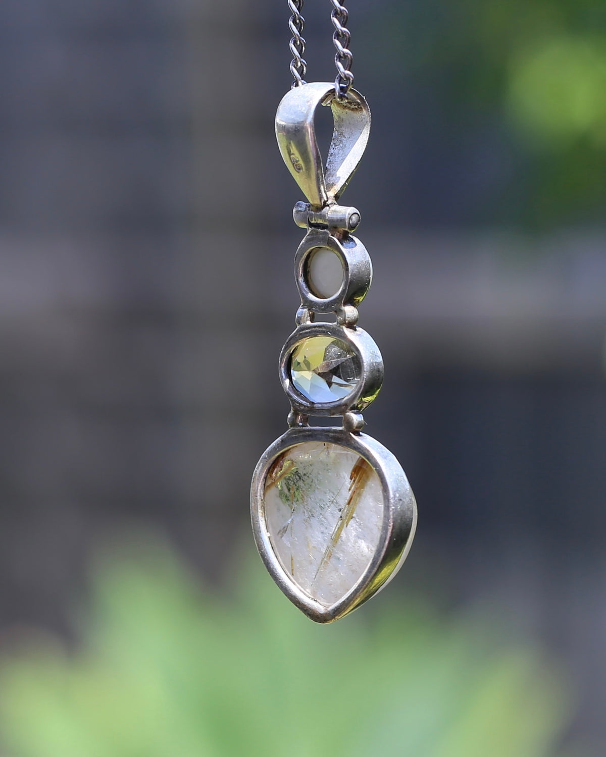 Freshwater Pearl, Citrine and Rutilated Quartz Cabochon Pendant, Sterling Silver, 6.0g