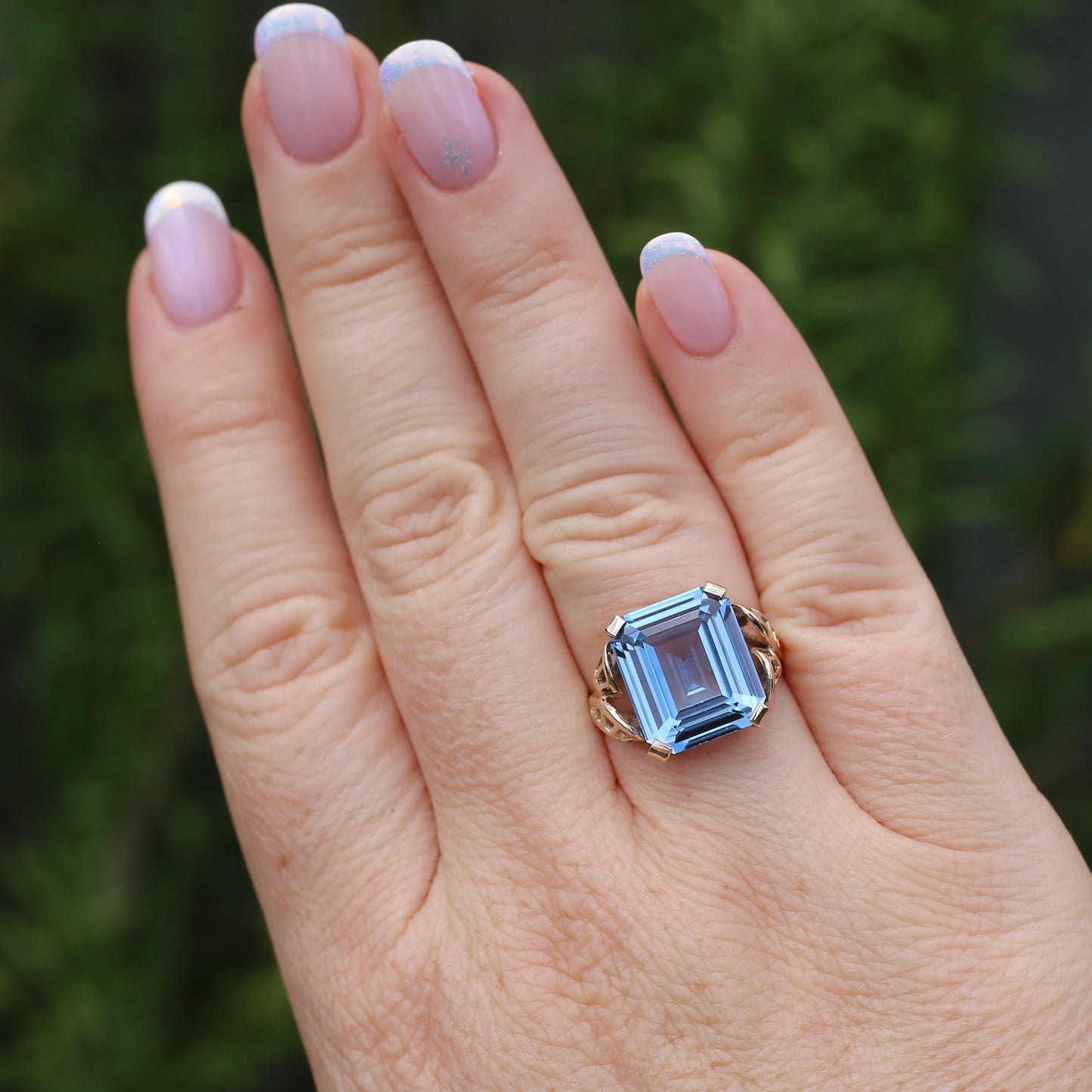 Mid Century Emerald Cut Blue Spinel Cocktail Ring, size N1/2 or 6.75