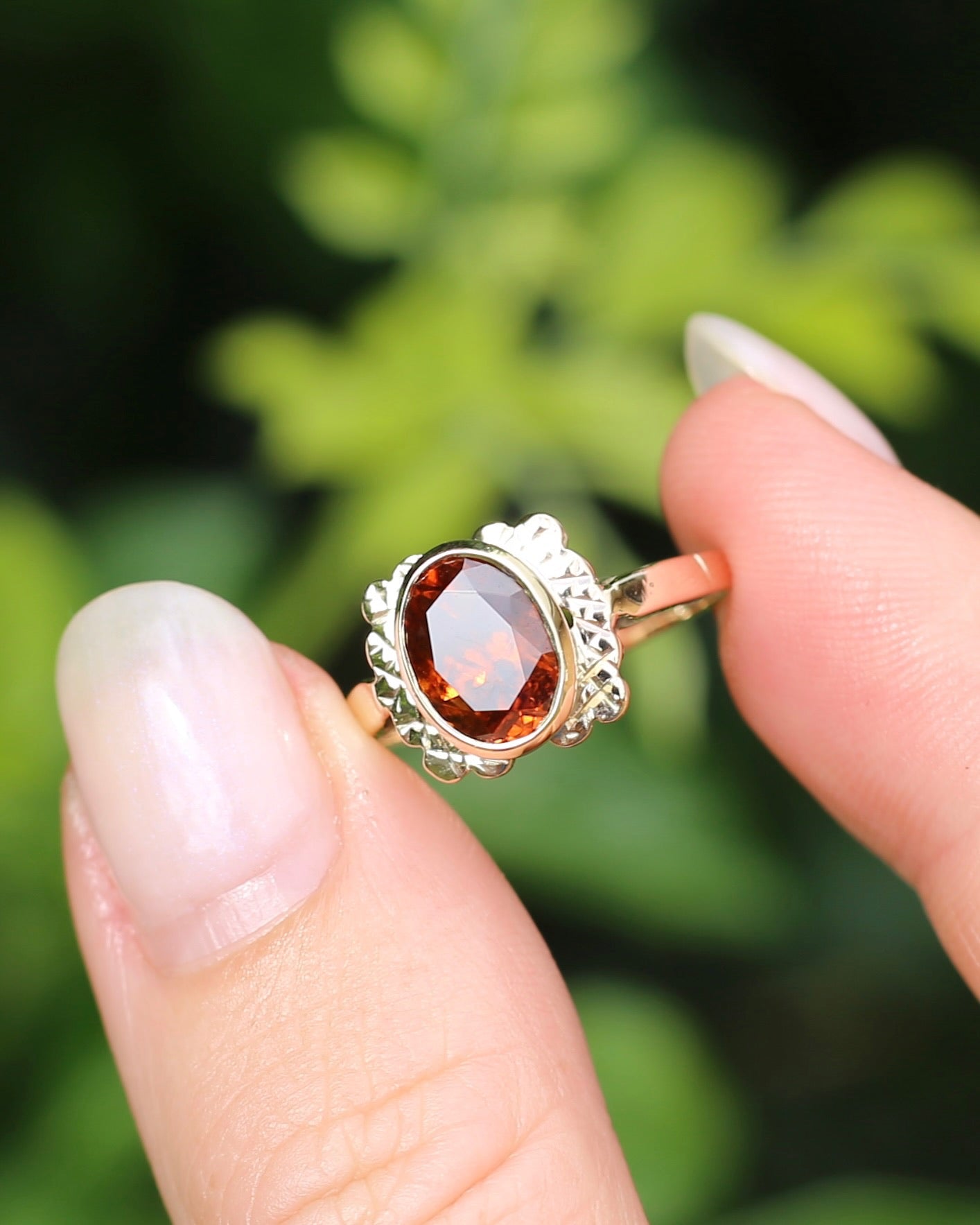 Custom Cut 3.54ct Oval Whiskey Brown Zircon, Bezel Set, 9ct Yellow Gold Birmingham Made 1994 Ring, size P or 7.75