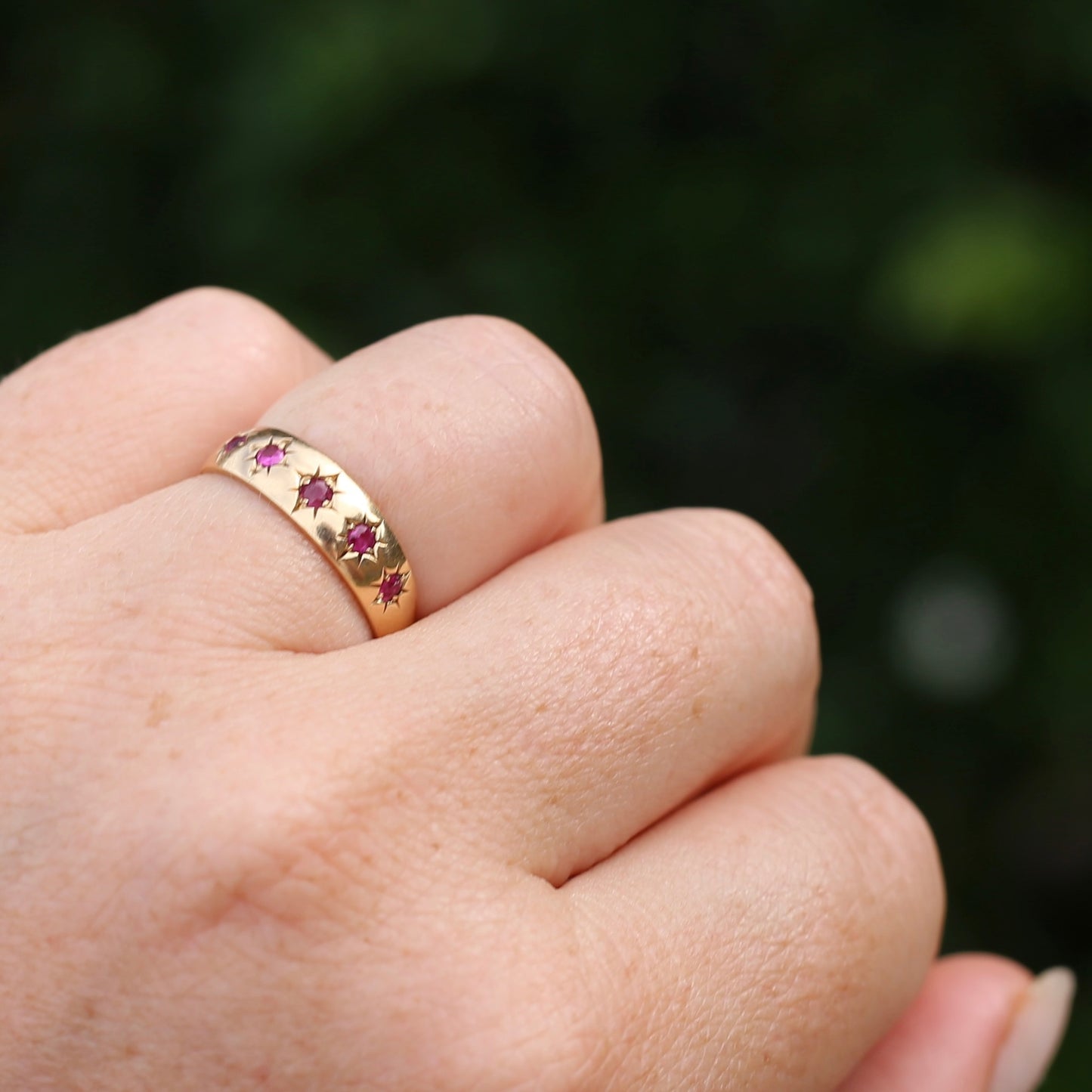 Antique 1891 Five Stone Star Set Old Cut Ruby Ring, 15ct Rosey Gold, size N- N1/2 or 6.75