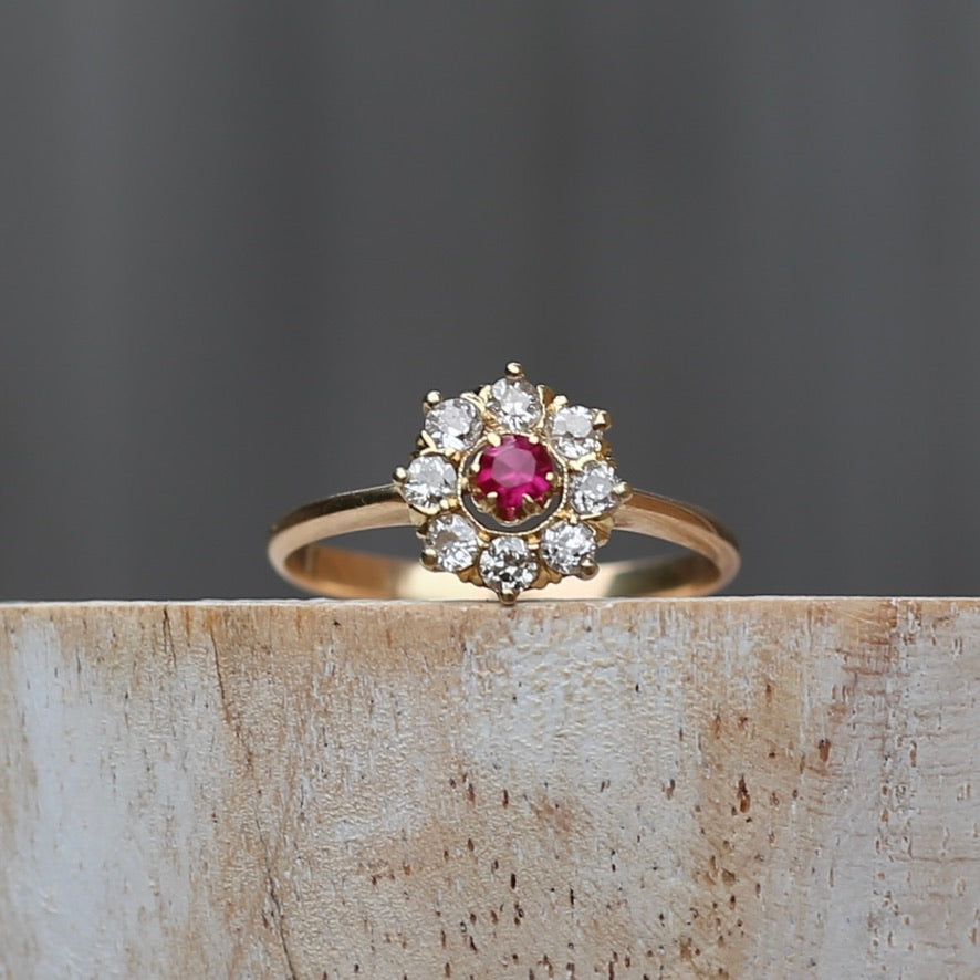 Antique Ruby and Old Cut Diamond Cluster, 15ct Yellow Gold, size O or 7.25 with valuation