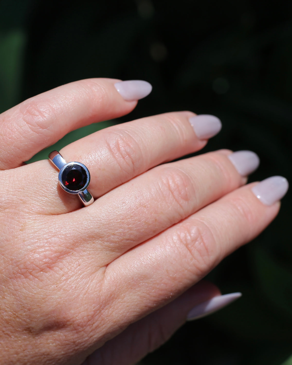9mm Round Garnet in Bezel Set Silver Ring, Sterling Silver, size 7 or just over N1/2, 4.16g