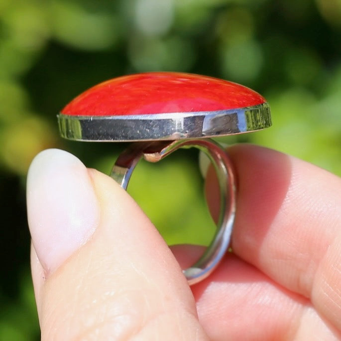 Large Red Oval Cabochon Resin ring, sterling silver, size O or 7.25