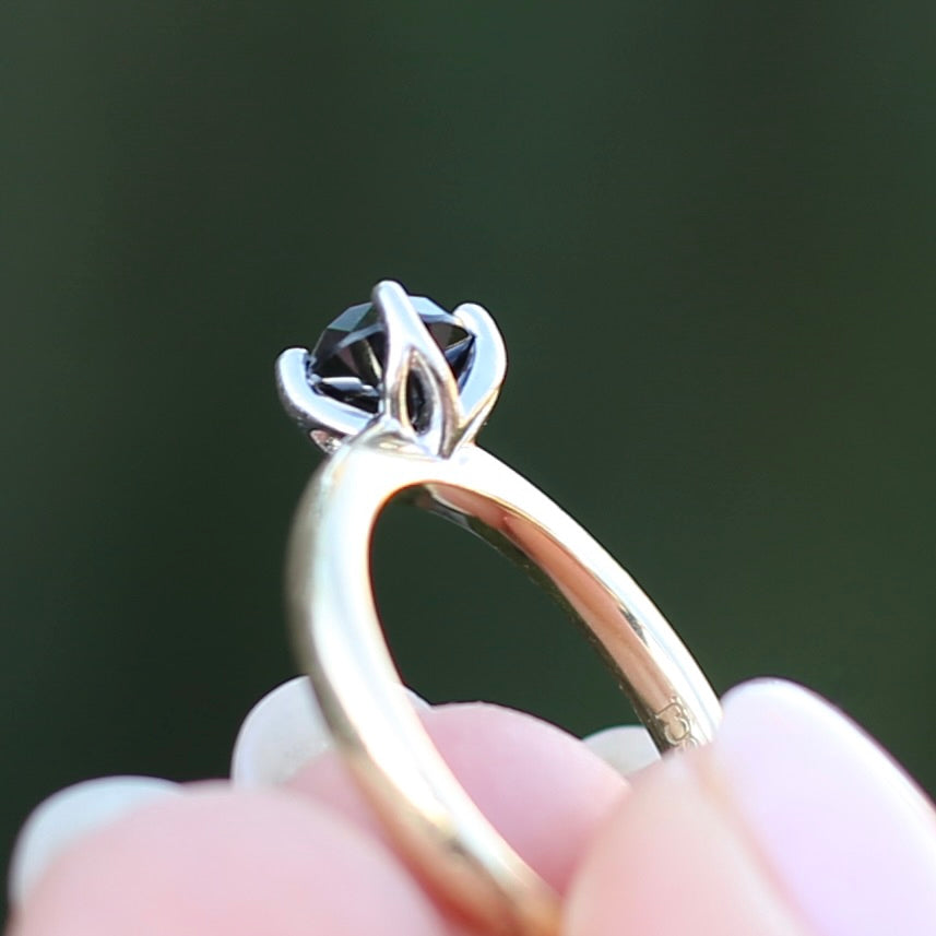 Australian Made Black Diamond Solitaire, 4 Claw White Gold, 9ct Yellow Gold Chunky Shank, size O or 7.25