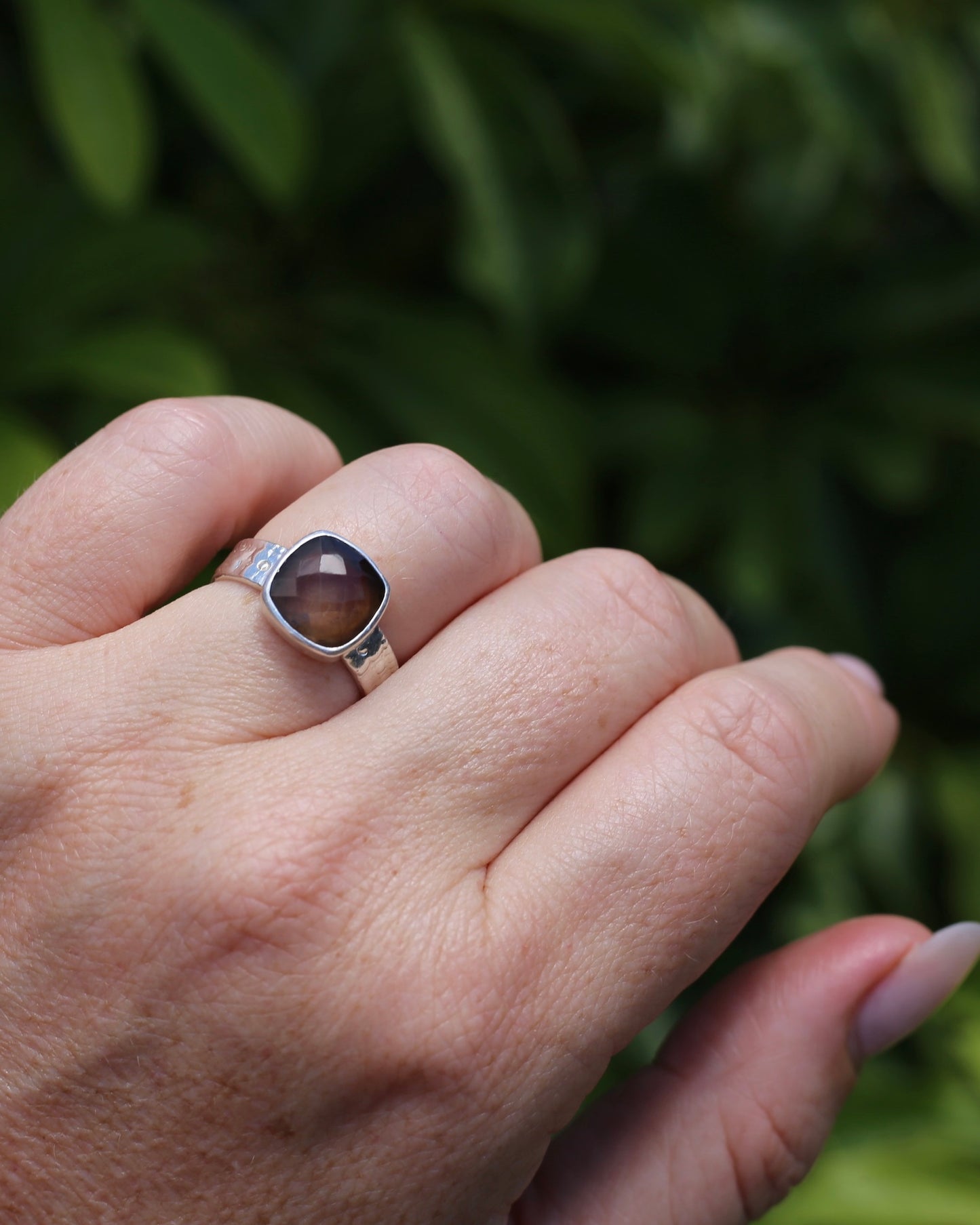 Harlequin Cut Smoky Quartz in Bezel Frame, Sterling Silver, 4.7g, size P1/2 or 8 - fits more like an O-O1/2