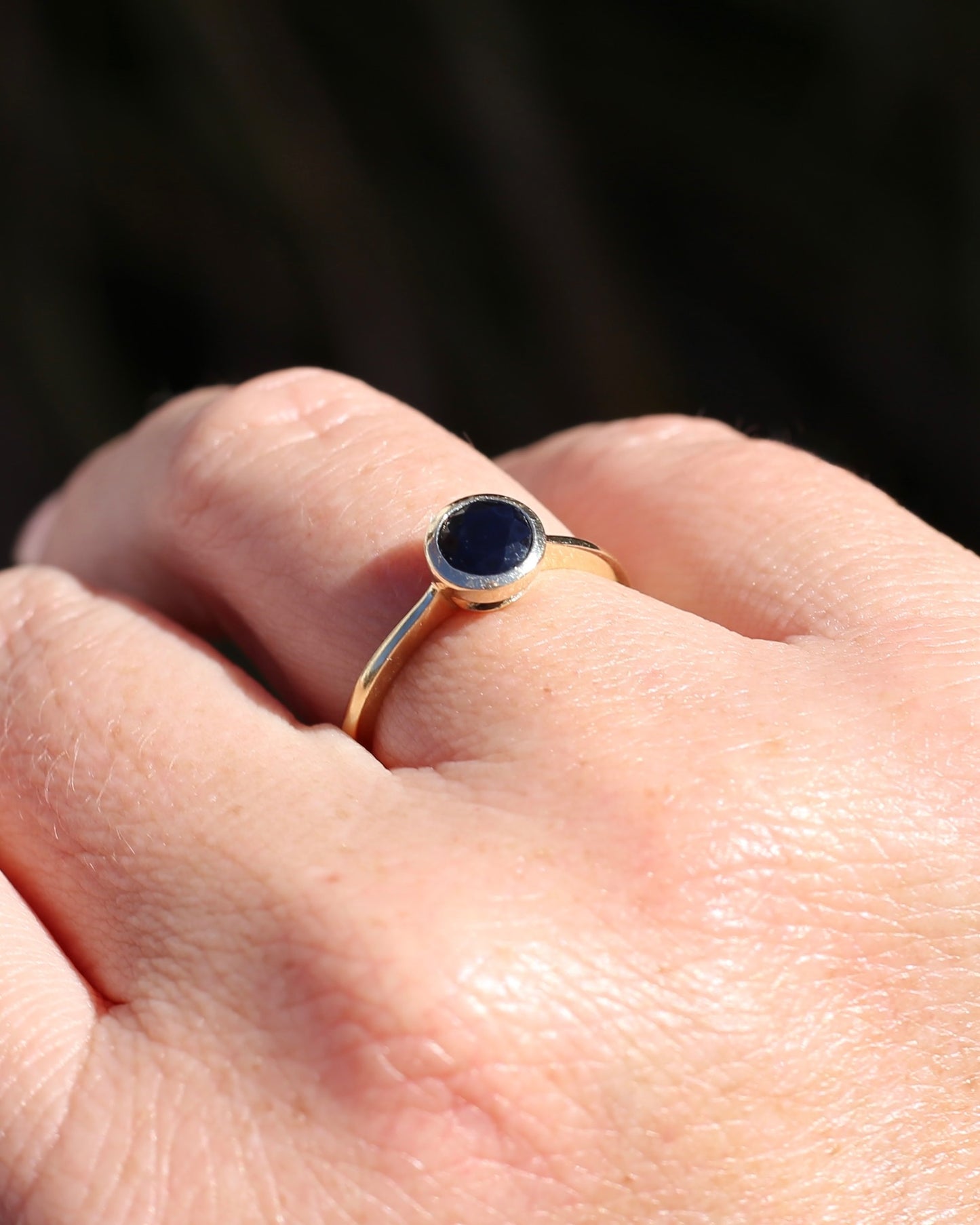 Bezel Set Opaque Navy Sapphire, 9ct Yellow Gold, size O or 7.25