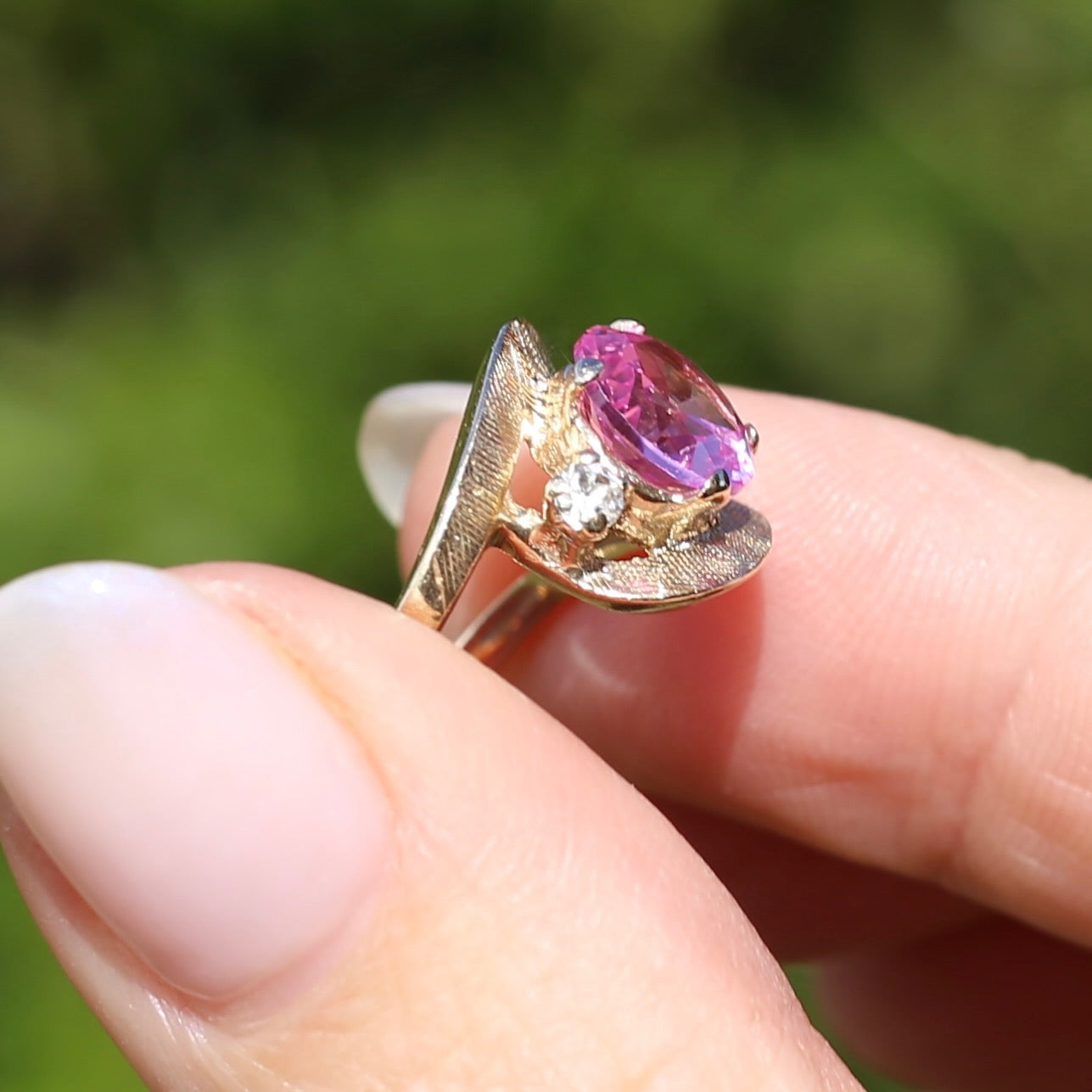 Asymmetric Pink Sapphire and White Spinel Dress Ring, 10ct Yellow Gold, size  N or 6.75