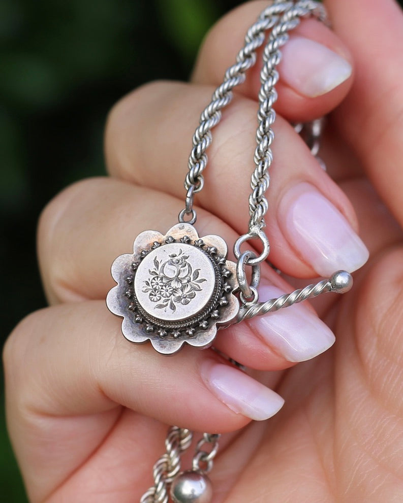 Antique 1896 Double Albertina Necklace with T-bar and Floral Pendant, Sterling Silver, 18.85g