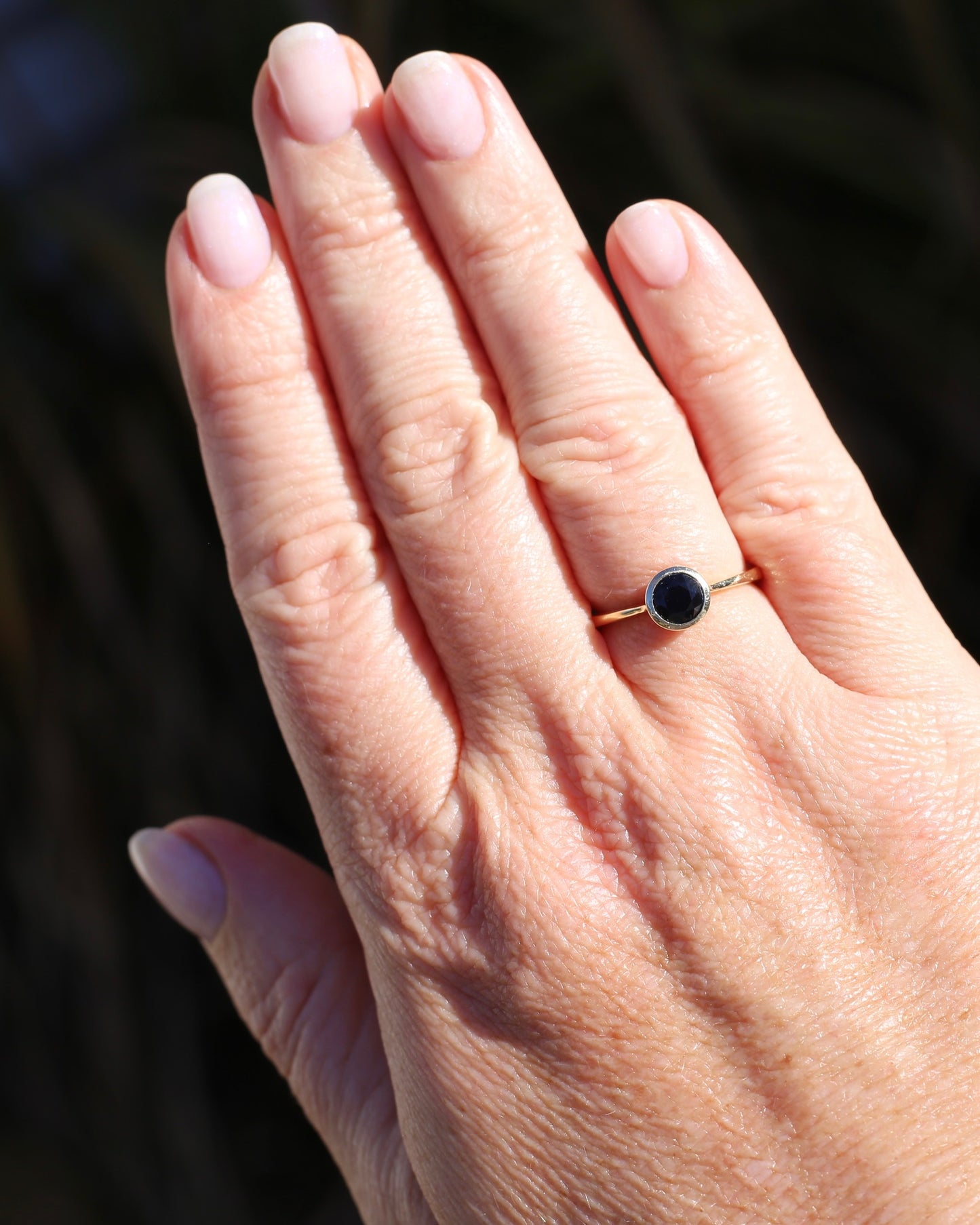 Bezel Set Opaque Navy Sapphire, 9ct Yellow Gold, size O or 7.25