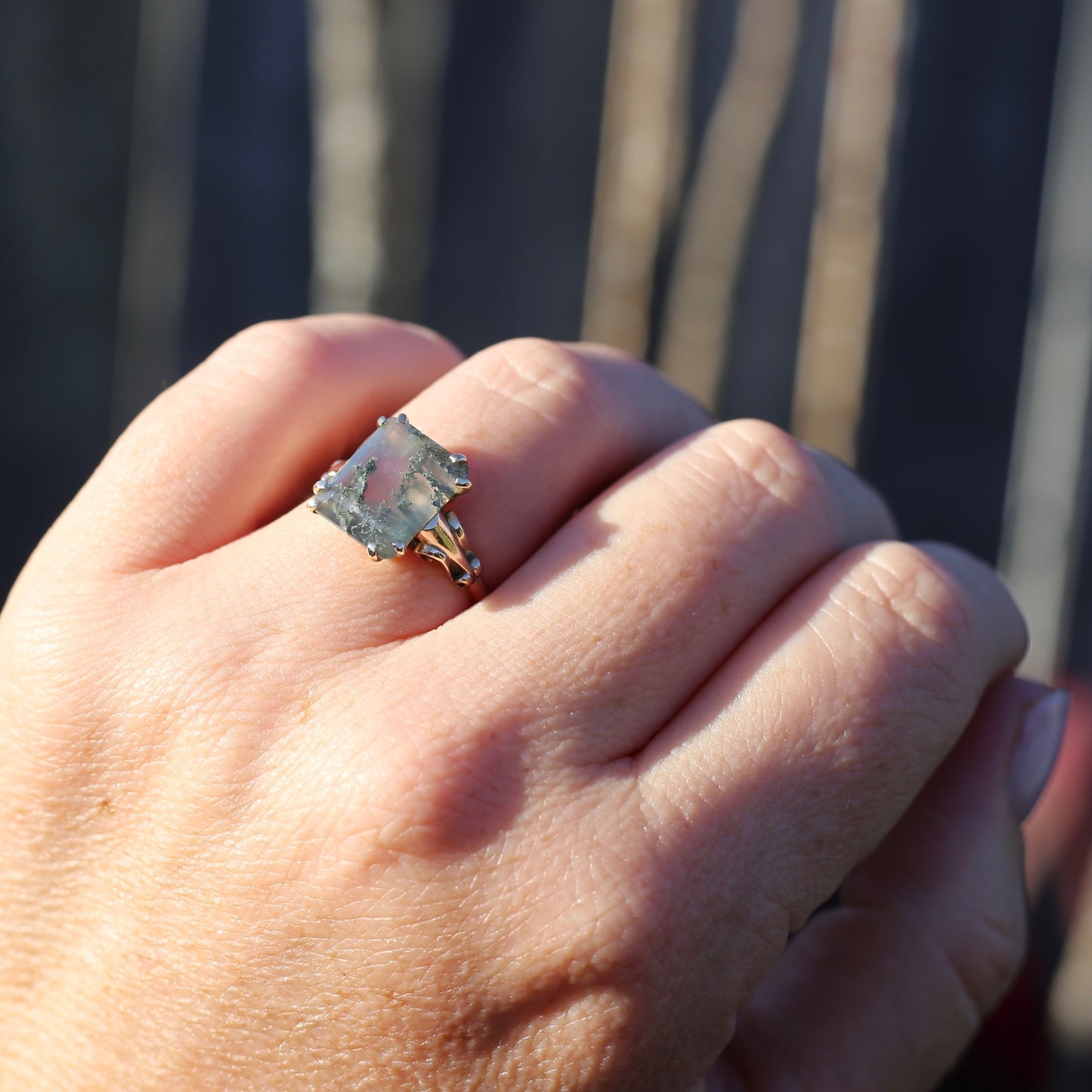 4.95ct Emerald Cut Moss Agate Ring with Fabulous Double Claws, 9ct Older Rosey Gold, size N1/2 or 6.75