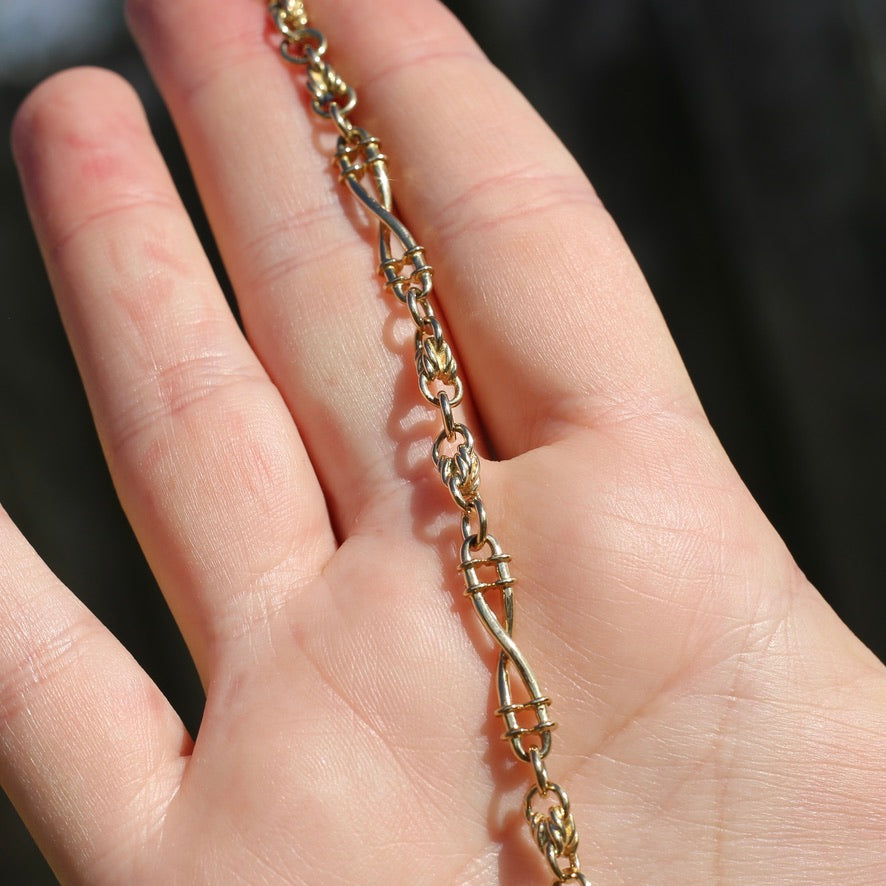 9ct Yellow Gold Fancy Twisted Trombone and Love Link Bracelet or Watch  Chain Extender, 10.8g 20.5cm