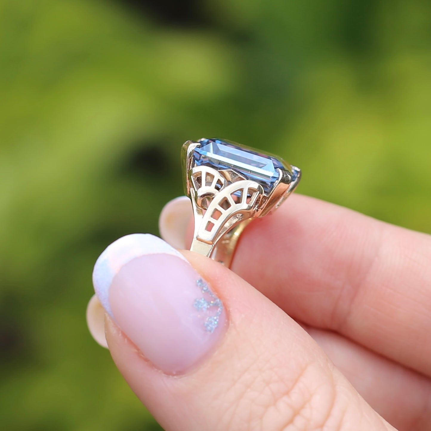 Mid Century Emerald Cut Blue Spinel Cocktail Ring, size N1/2 or 6.75