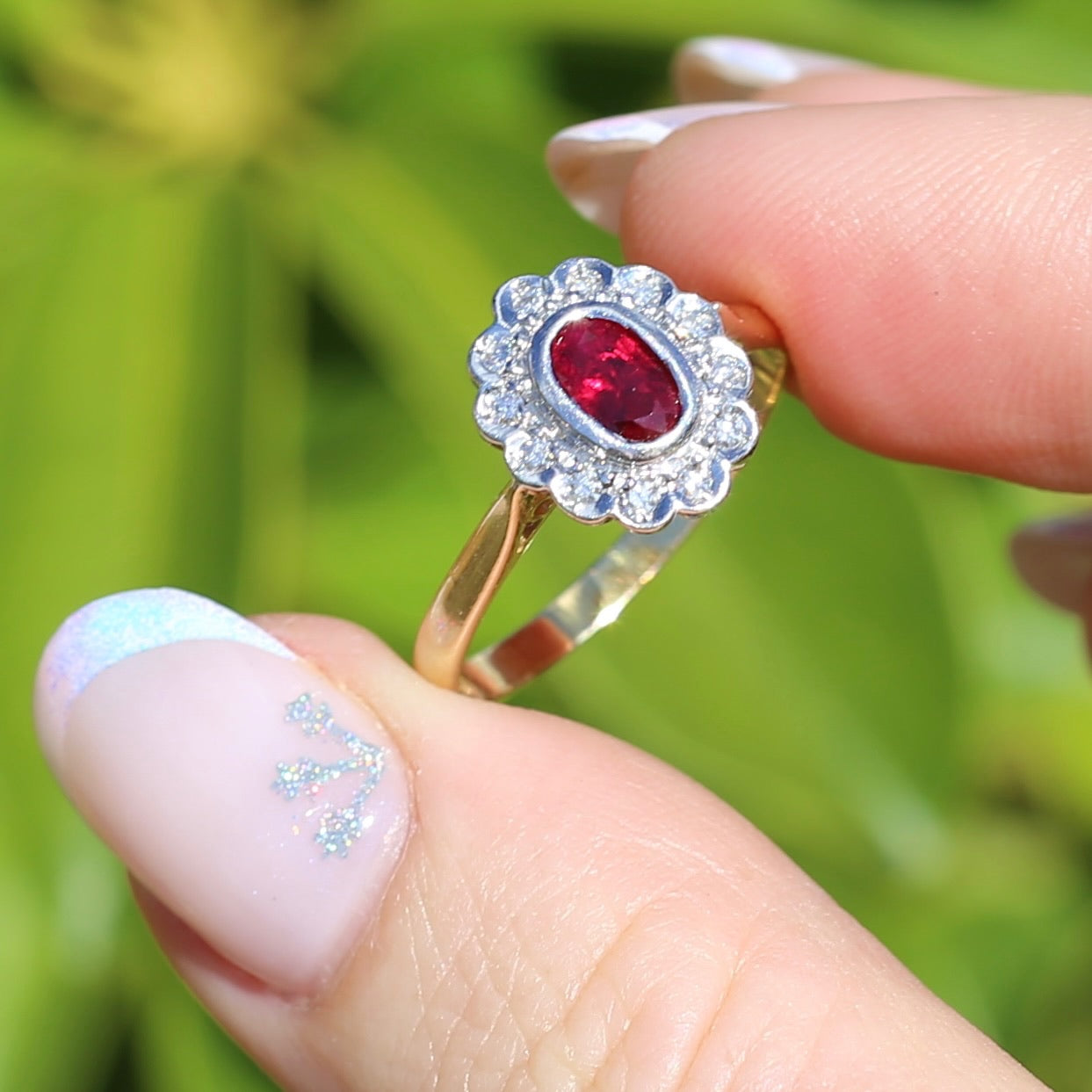 Ruby and Diamond Halo, 18ct Yellow and White Gold, size P or 7.75 with valuation