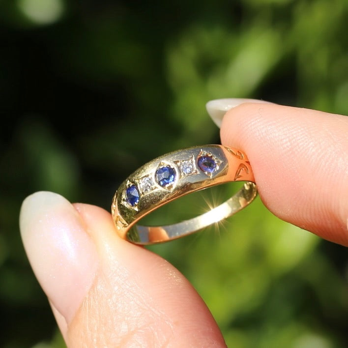 1897 Old Cut Sapphire and Diamond Five Stone Ring, 18ct Yellow Gold, size O or 7.25