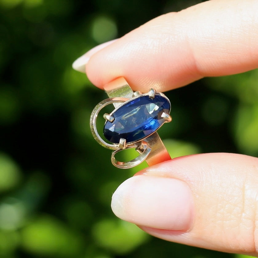 1980s 4ct Australian Parti Sapphire Retro Ring, 9ct Yellow Gold, size X or 11.5 (easily sizeable) with valuation