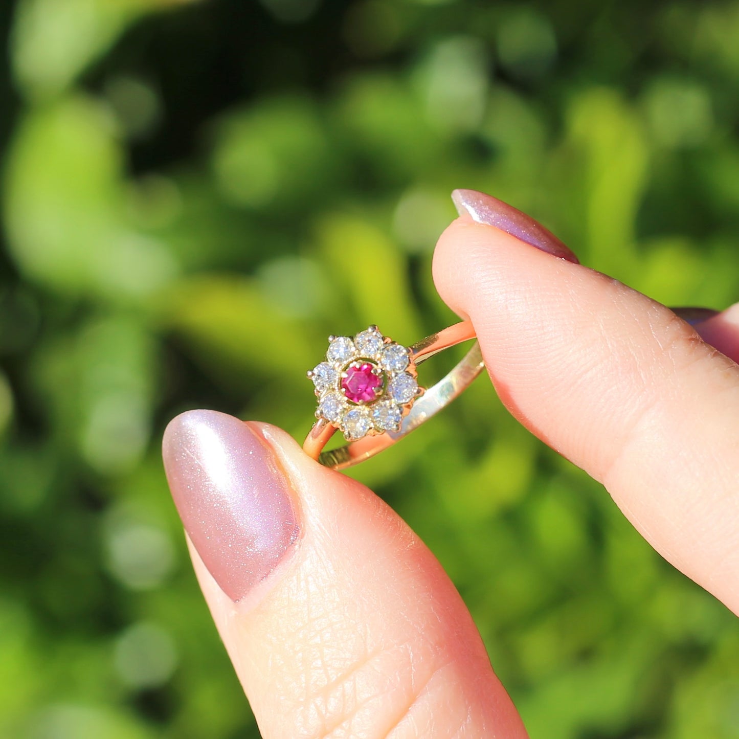 Antique Ruby and Old Cut Diamond Cluster, 15ct Yellow Gold, size O or 7.25 with valuation