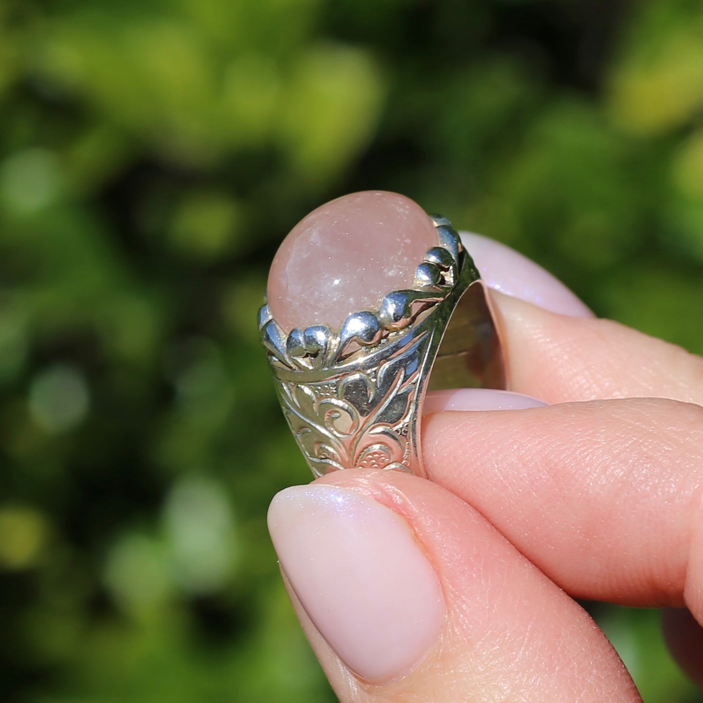 Rose Quartz Cabochon Ring, Sterling Silver, size O or 7.25