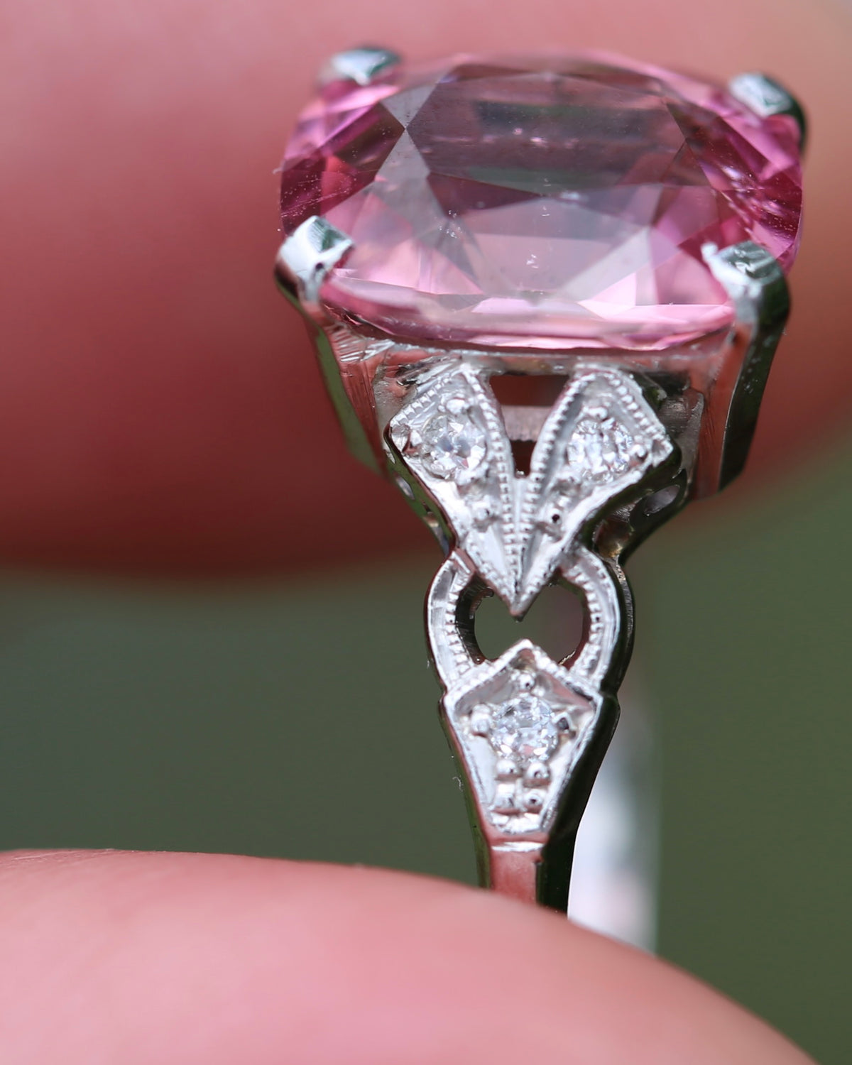 Pale Pink Tourmaline and Old Cut Diamond Shoulder Ring, 18ct White Gold and Platinum, size N or 6.75, 2.63g