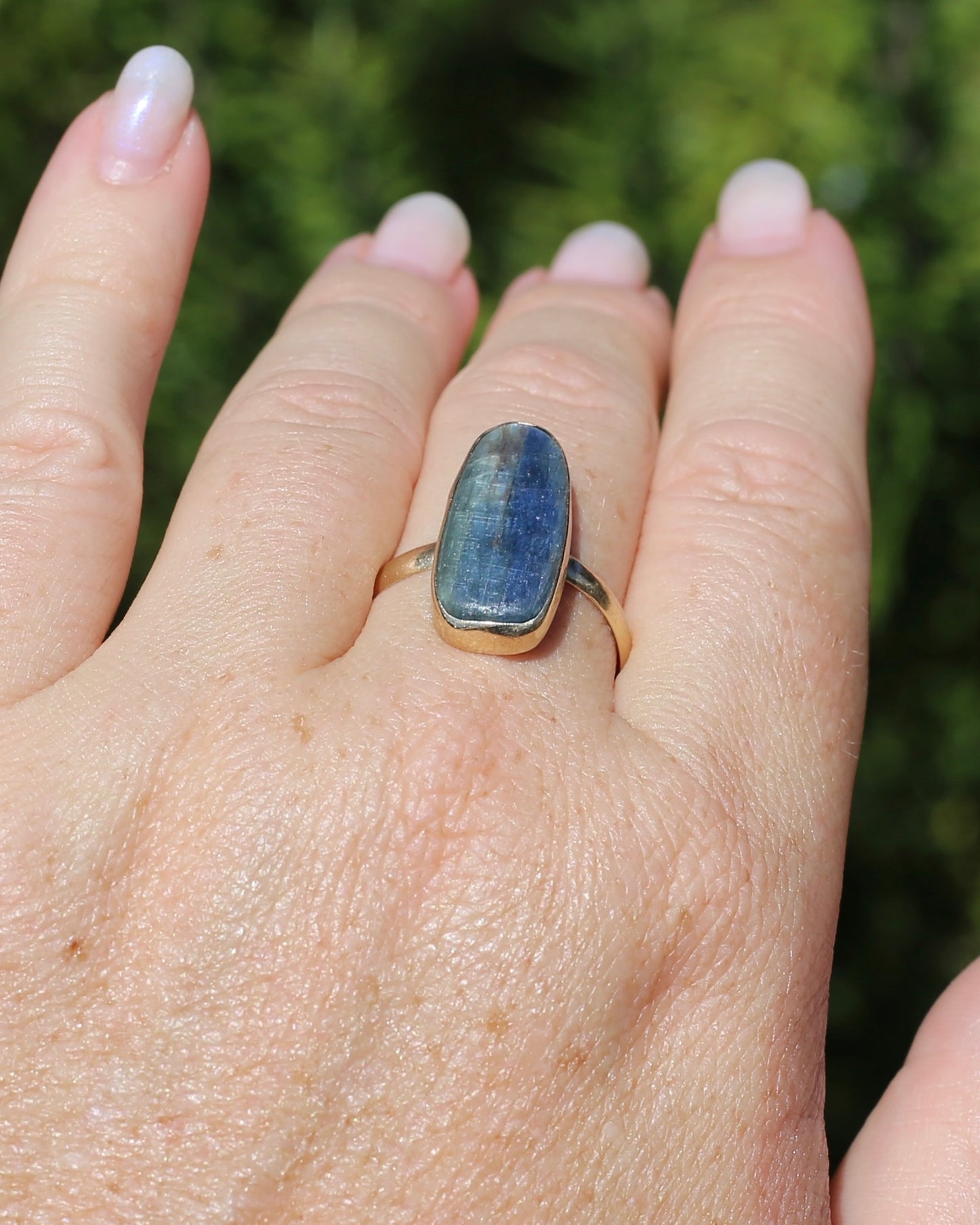 Rustic Freeform Labradorite Cabochon in Bezel Setting, 9ct Yellow Gold, size X1/2 or 11.75