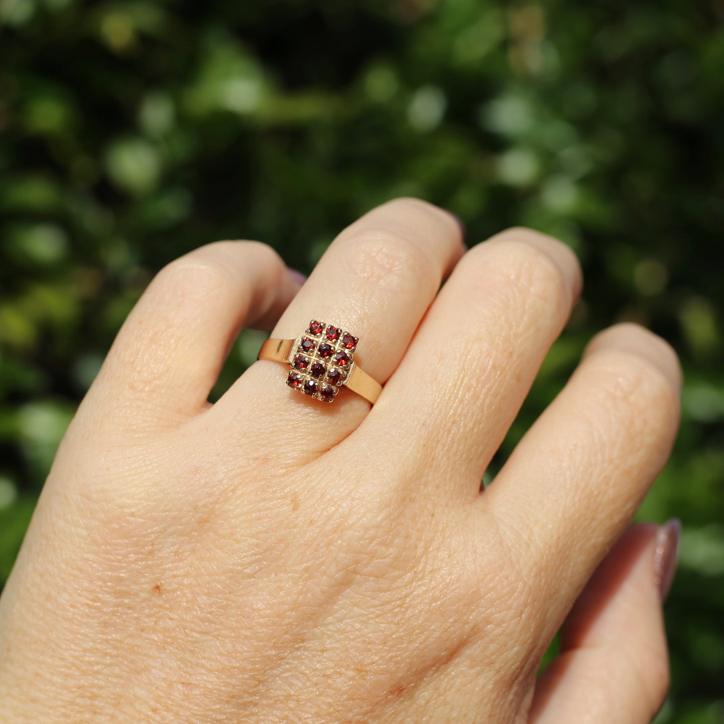 Old Cut 12 Stone Garnet Checkerboard Ring, size P or 7.75