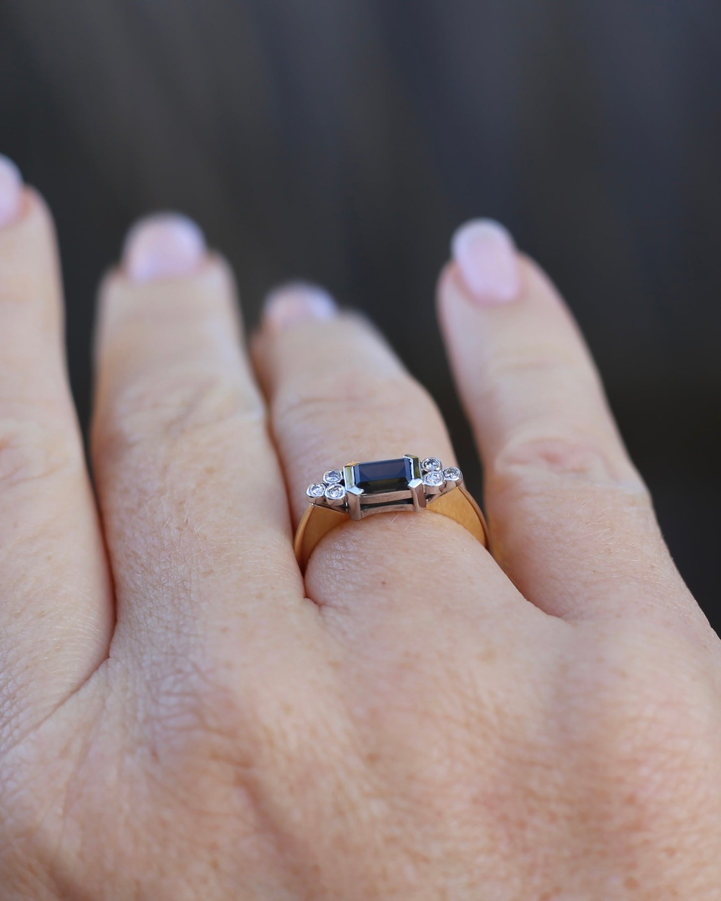 Vintage East West Set Natural Sapphire and Diamond Ring, 18ct Yellow and White Gold, size O or 7.25, 3.36g, with valuation