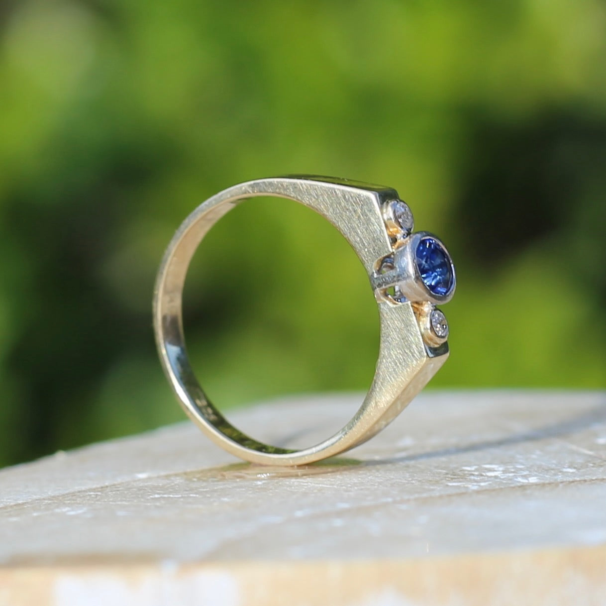 Bezel Set Sapphire and Diamond Trilogy Ring, 14ct Yellow and White Gold, size O1/2 or just over 7.25