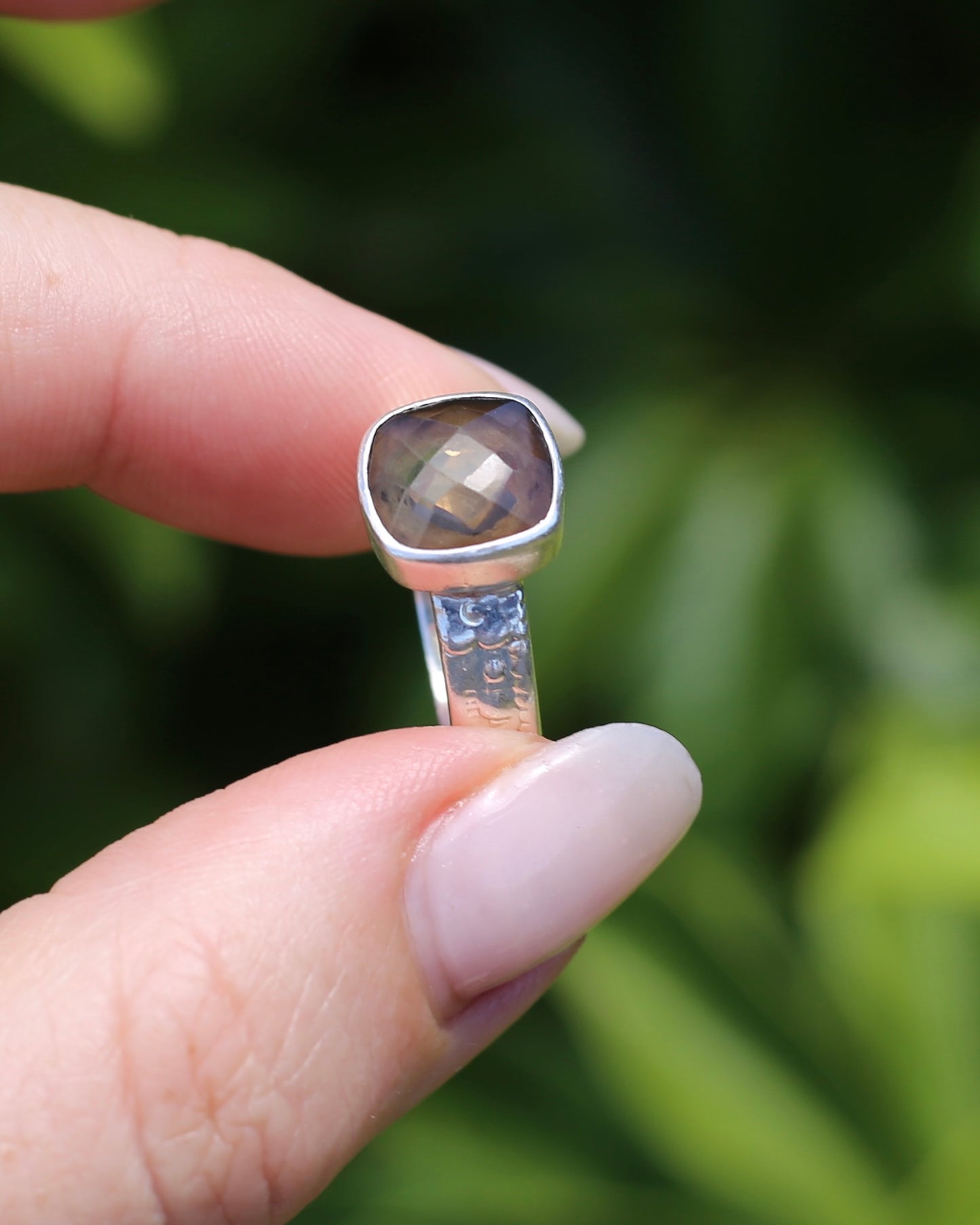 Harlequin Cut Smoky Quartz in Bezel Frame, Sterling Silver, 4.7g, size P1/2 or 8 - fits more like an O-O1/2