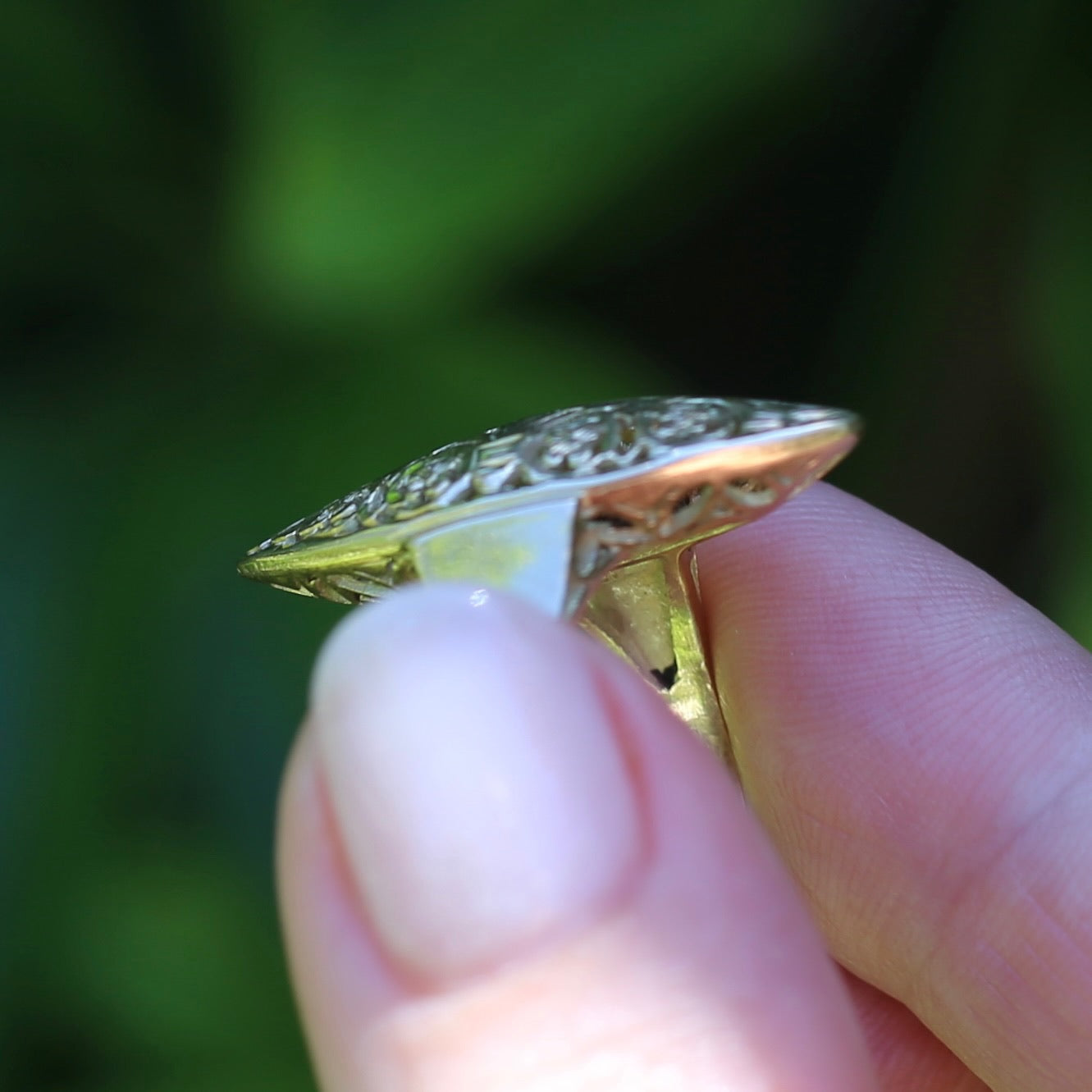 Hand Carved Navette Ring, 14ct Yellow Gold, size Q or 8.25g