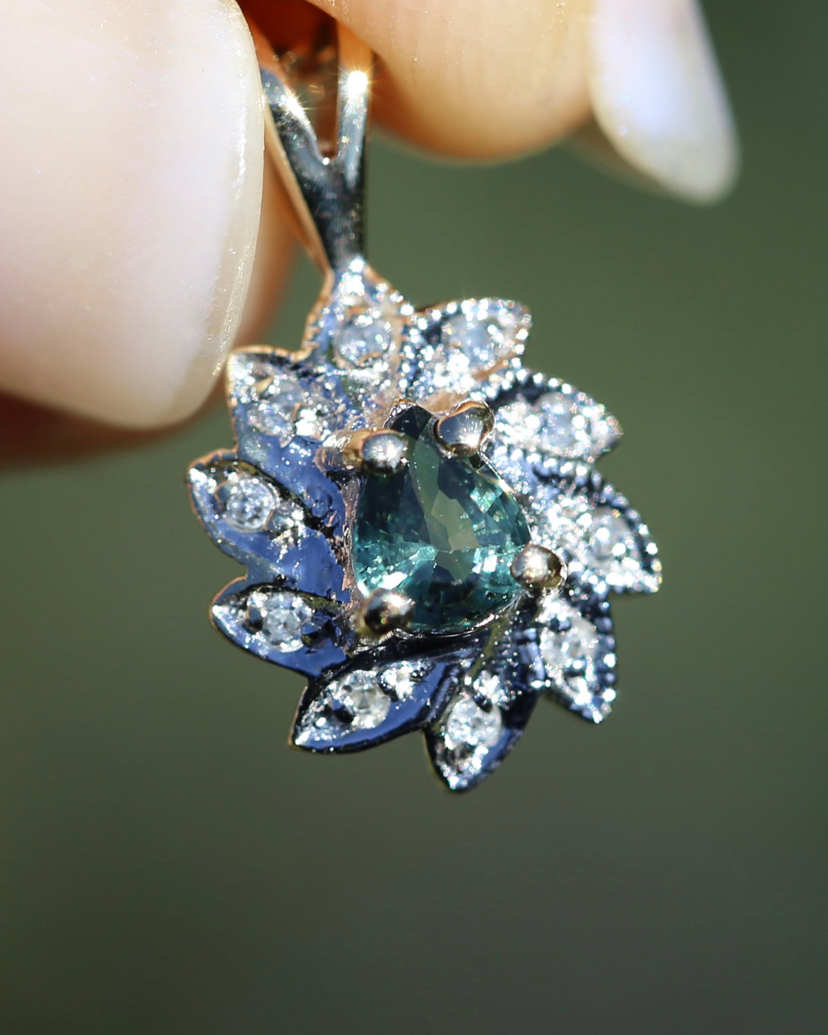 0.3ct Natural Green Parti and Natural Illusion Set Diamond Leaf Halo Pendant, 9ct Yellow Gold, 0.72g
