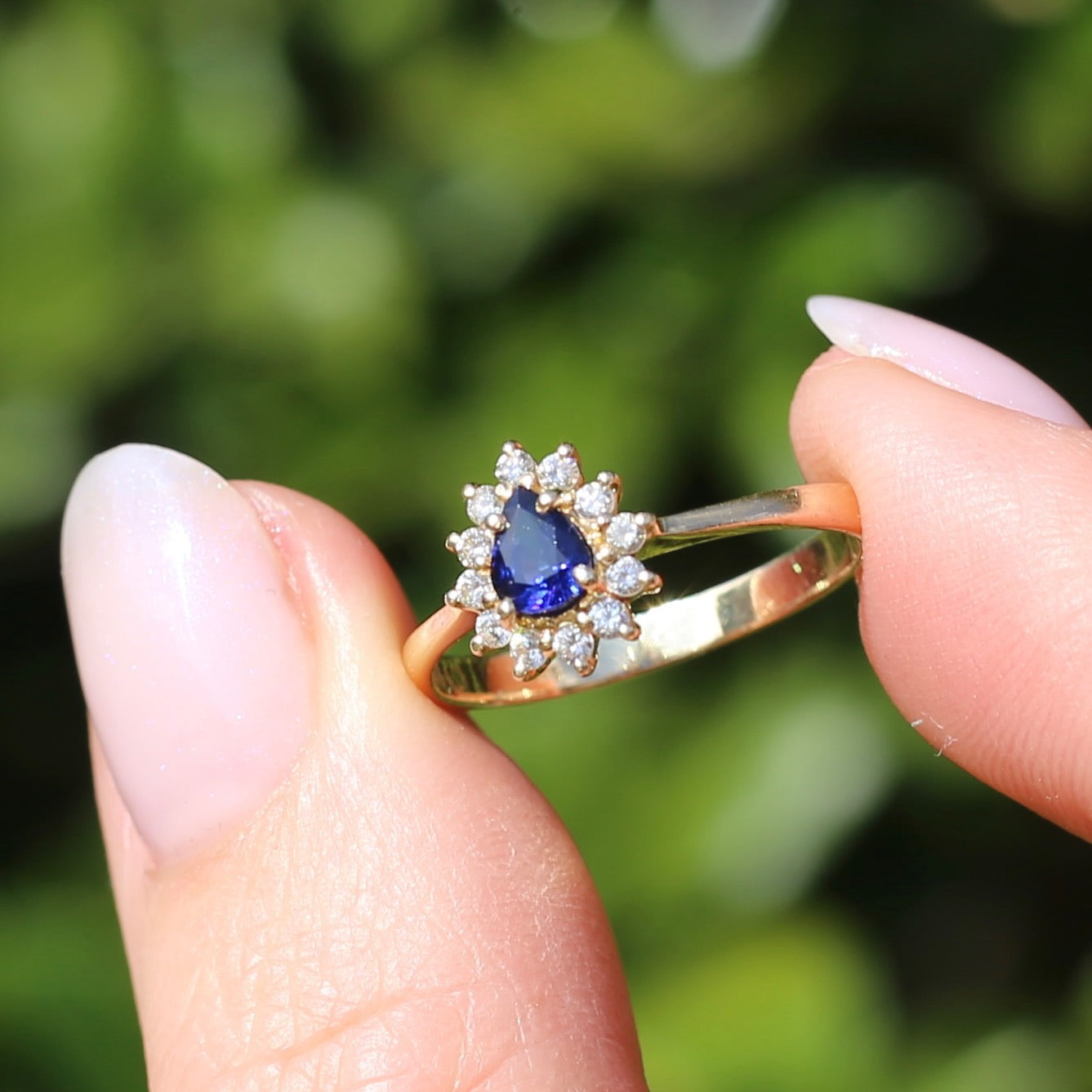 Pear Shaped Sapphire with Halo, 14ct and 18ct Yellow Gold, size 7 or just under O