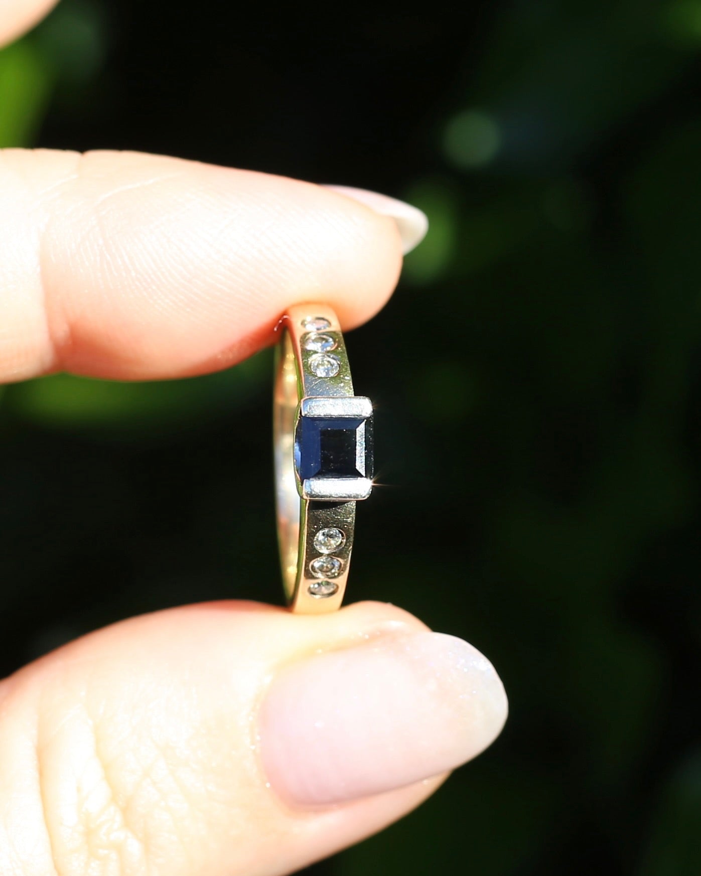 Vintage Chunky East West Set Sapphire and Flush Set Diamonds, 9ct Yellow and White Gold, size 9 or S