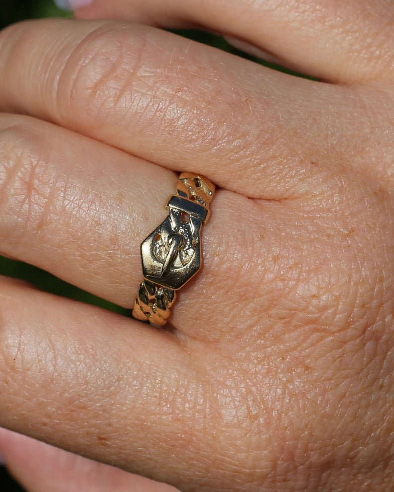 Post 1972 Sheffield Made Buckle Ring, 9ct Yellow Gold, size S1/2 or 9.25, 3.42g