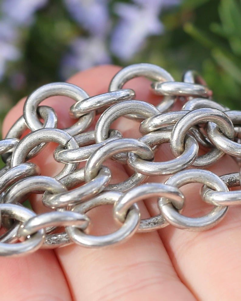 Vintage Chunky Oval Cable Chain with Textured Clasp, Sterling Silver, 42cm or 16.5inches, 50.7g