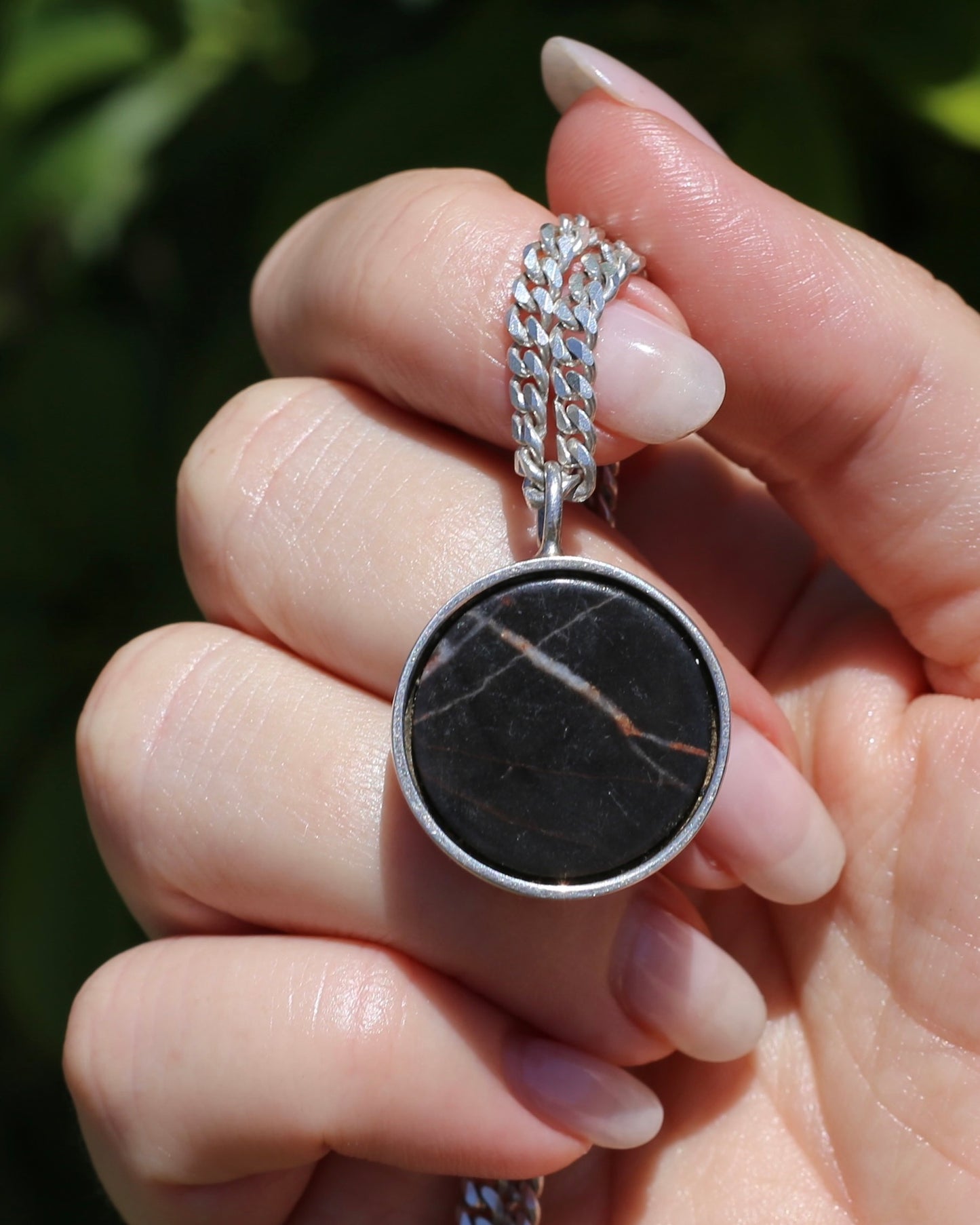 Vintage Chunky Black Agate and Silver Pendant, 13.2g