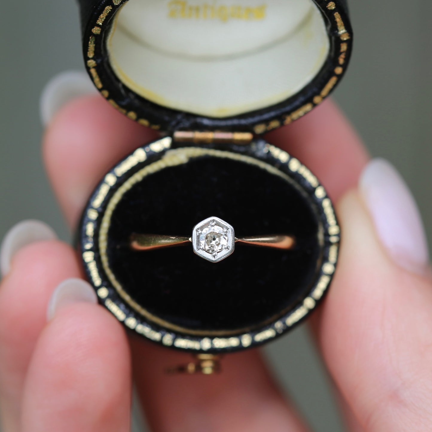 Early Australian Old Cut Diamond Solitaire by H. G. Rogers, 18ct White and Yellow Gold, size 9.5 or just over S1/2