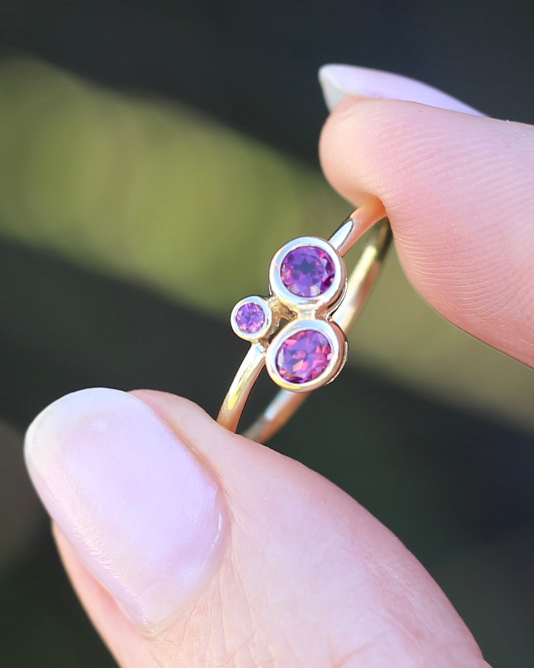 Rhodolite Garnet Three Stone Modern Bezel Set Bubble Trilogy, 9ct Yellow Gold, size O or 7.25, 1.75g