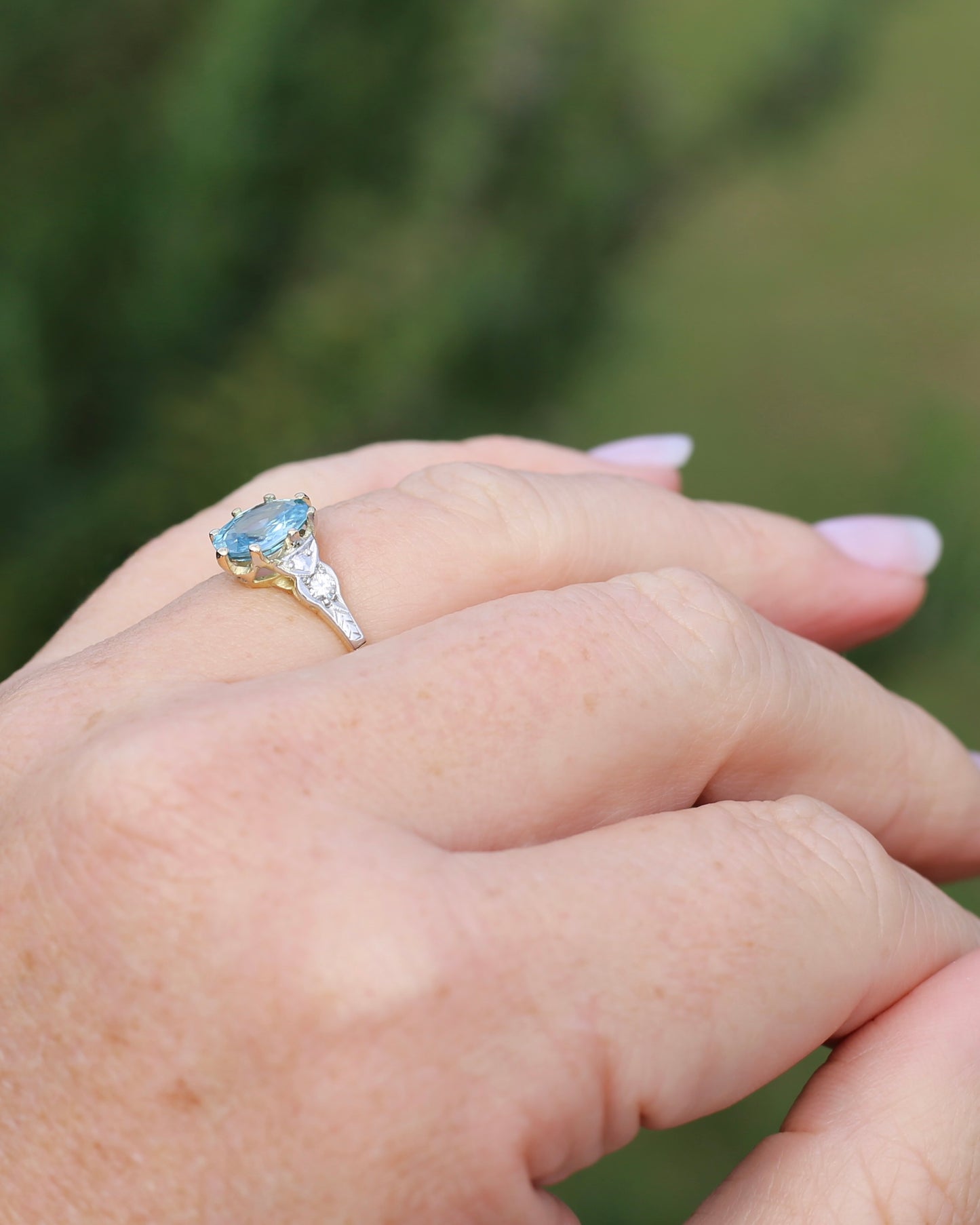Circa 1930s Art Deco Blue Zircon and Diamond Ring, 18ct size just over M1/2 or 6.5, 2.80g