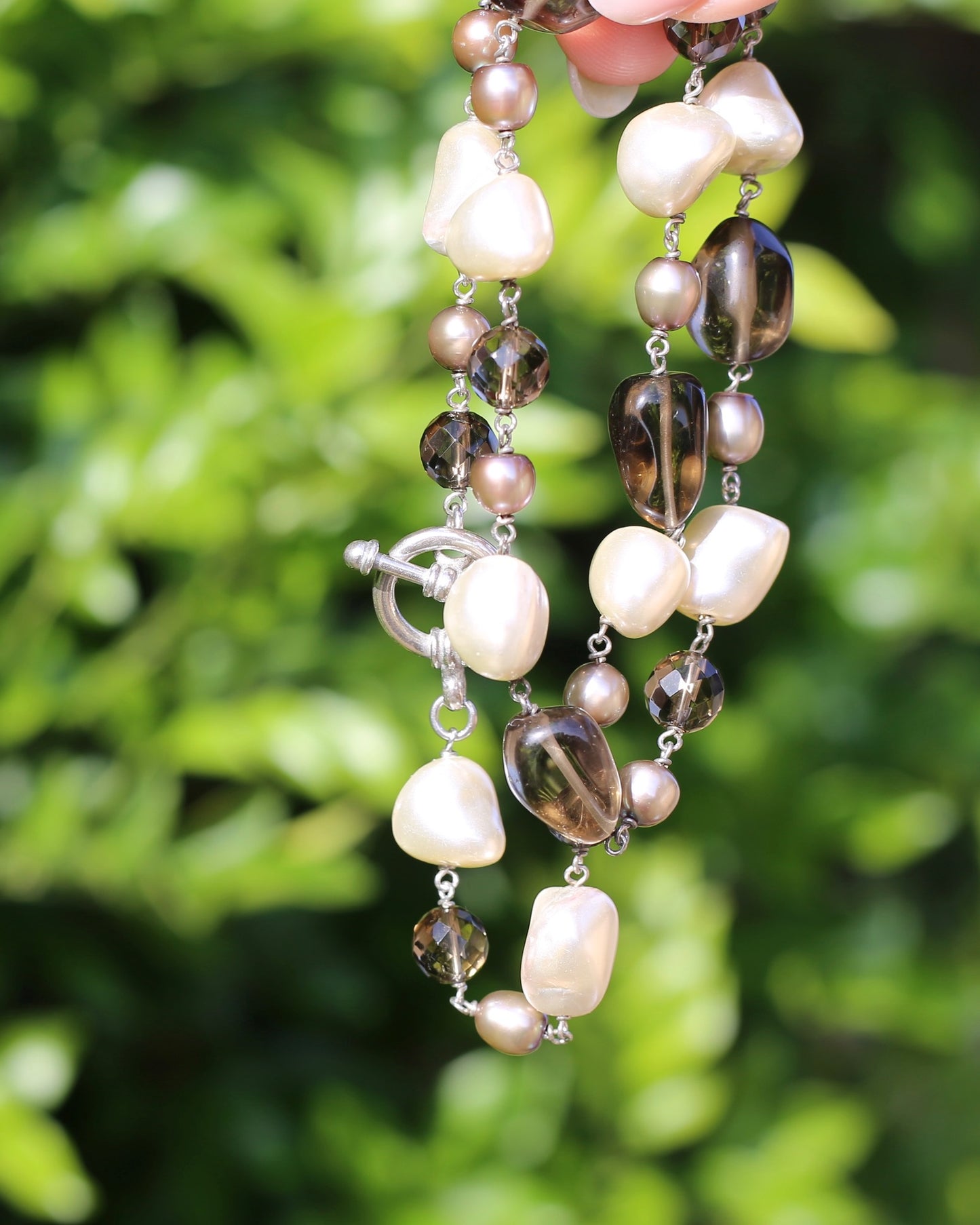 Baroque White Pearl, Grey Pearl and Smoky Quartz Neckalce, Silver Clasp and Findings, 43g