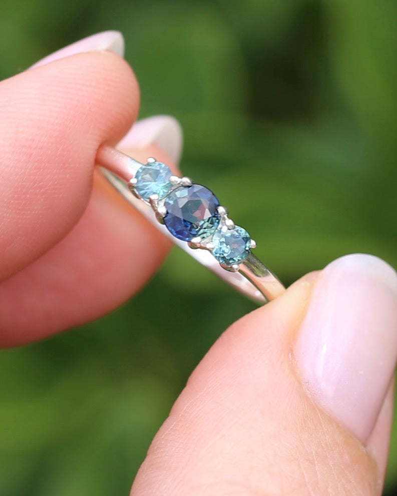 0.85ct Natural Parti Sapphire Trilogy Ring, Sterling Silver, size Q or 8.25, 1.98g