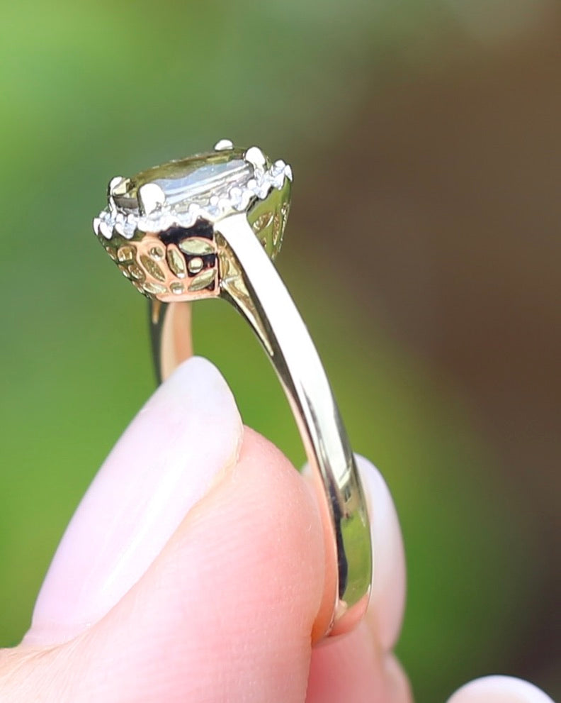 1.2ct Unheated Natural Golden Tanzanite in Diamond Halo, 10ct Yellow Gold, size O1/2 or just over 7.25, 3.0g