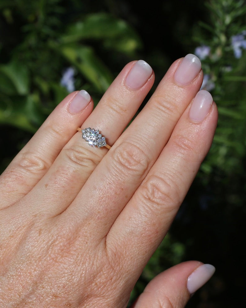 1991 London Made Diamond Cluster Ring, 9ct Yellow and White Gold, size J or 4.75, 2.2g