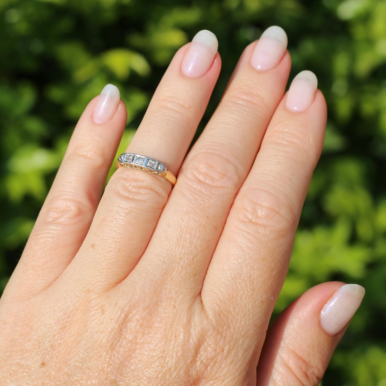 1930s Old Cut 5 Stone Diamond Ring, Platinum and 18ct Yellow Gold, size L or 5.75