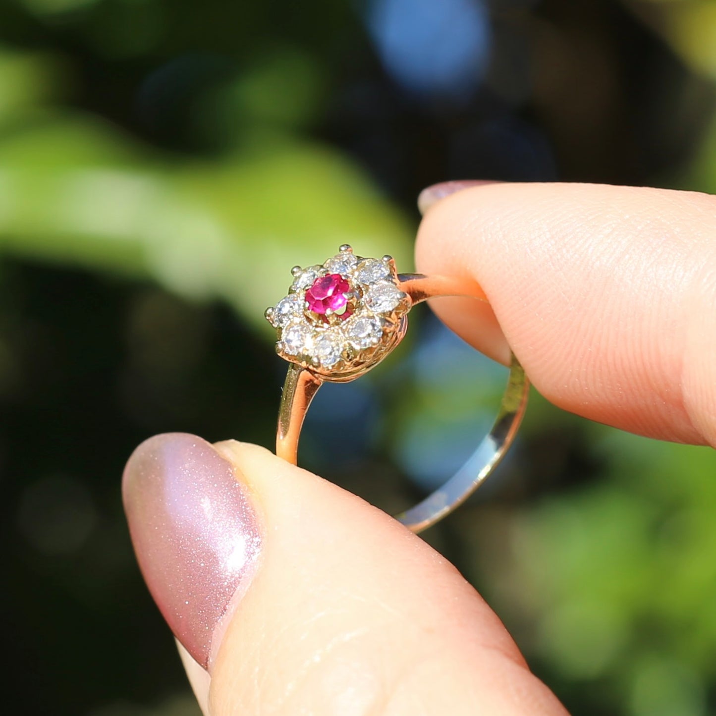 Antique Ruby and Old Cut Diamond Cluster, 15ct Yellow Gold, size O or 7.25 with valuation