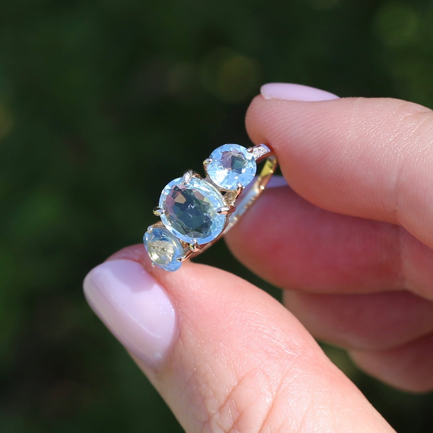 Natural Aquamarine Trilogy with Grain Set Diamond Shoulders, 9ct Yellow Gold, size 6.5 or M1/2