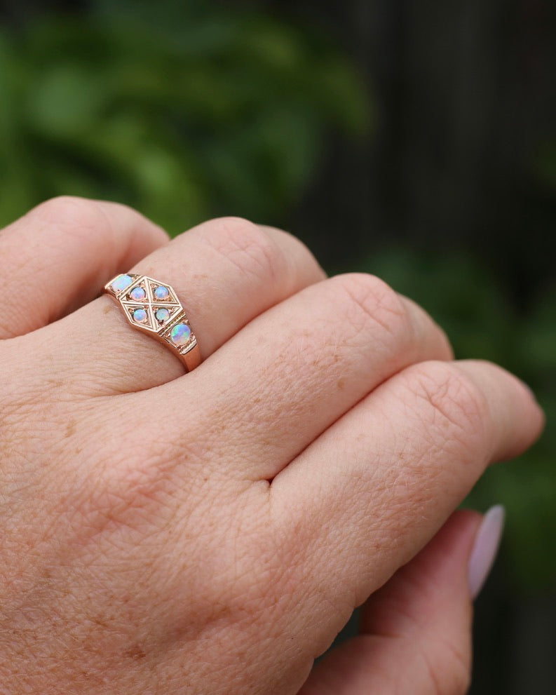 Outstanding Opals in Birmingham Made Rose Gold Shield Faced Ring, 9ct Rose Gold, size Q or 8.25, 2.57g