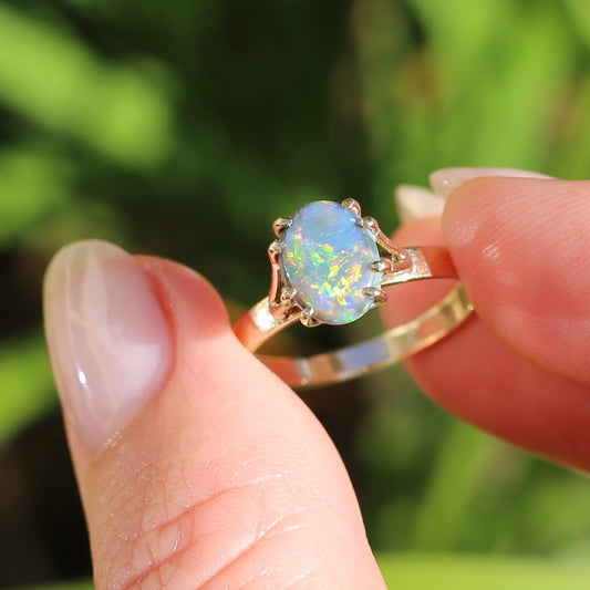 Vintage Solid Grey Opal with Amazing Colour Play in Double Set Claws, 9ct Yellow Gold, size Q or 8